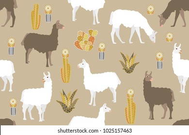 Ethnic animal print. Seamless vector pattern with llamas and cacti on beige  background.