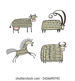 Ethnic animal set, cow, goat, horse, yak. Ornate sketch for your design
