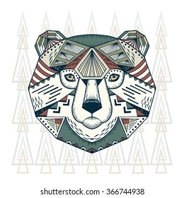 Ethnic animal. Tribal patterned Bear. Bear head. Hand drawn Vector illustration