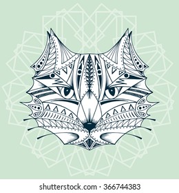 Ethnic animal. Tribal patterned Cat. Cat head. Hand drawn Vector illustration