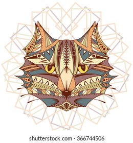 Ethnic animal. Tribal patterned Cat. Cat head. Hand drawn Vector illustration