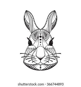 Ethnic animal. Tribal patterned Rabbit. Bunny head. Hare. Hand drawn Vector illustration