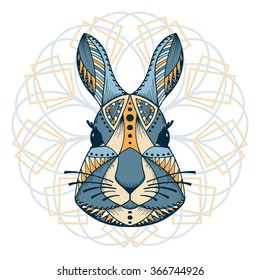 Ethnic animal. Tribal patterned Rabbit. Bunny head. Hare. Hand drawn Vector illustration