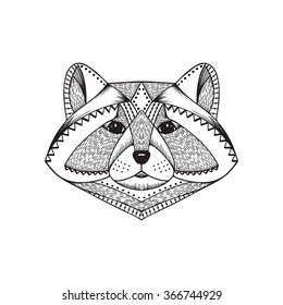 Ethnic animal. Tribal patterned Raccoon. Raccoon head. Hand drawn Vector illustration