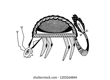 ethnic animals folk art, black and white vector illustration