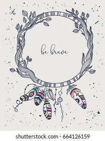 Ethnic arrow with feathers and branches. Boho style.