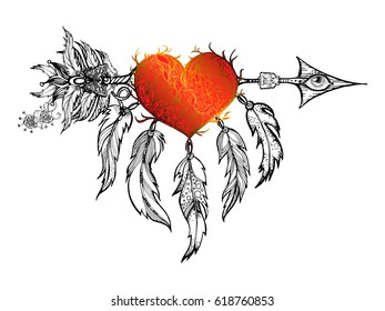 Ethnic arrow with feathers and heart in a native style. The apache tribal element, symbol, talisman. Unique design for tattoo. Mythology. Vector illustration.T-shirt printing, textiles, cover. Amour.