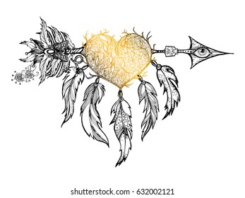 Ethnic arrow with feathers and heart in a native style. The apache tribal element, symbol, talisman. Unique design for tattoo. Mythology. Vector illustration.T-shirt printing, textiles, cover. Amour.
