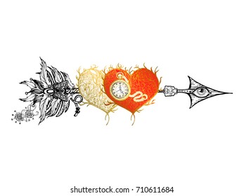 Ethnic arrow with feathers and heart in a native style. The apache tribal element, symbol, talisman. Unique design for tattoo. Mythology. Vector illustration.T-shirt printing, textiles, cover. Amour.