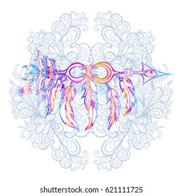 Ethnic arrow with feathers in a native style against a background of a vegetative ornament. Tribal element, symbol, talisman, tattoo. Mythology. Vector. T-shirt printing, textiles, cover. Boho. Art