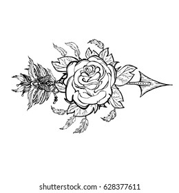 Ethnic arrow with flower and feathers in a native style. The apache tribal element, symbol, talisman. Unique rose for tattoo. Mythology. Vector illustration.T-shirt printing, cover. Boho, Bohemian.