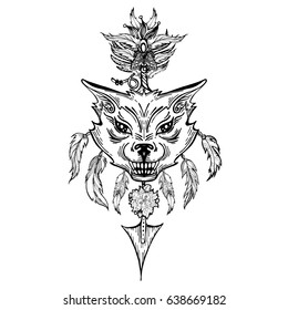 Ethnic arrow with the head of a wolf and feathers  in a native style, tribal element, symbol, talisman. Unique design tattoo. Mythology. Vector illustration. T-shirt printing, textiles, cover. Gothic.