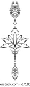 Ethnic arrow with lotus flower and feathers in elegant style.