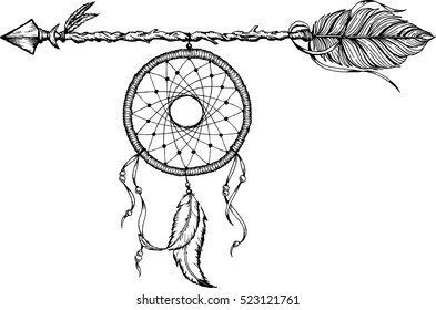 Ethnic arrows, dream catcher, feathers. Boho style. Freedom concept.