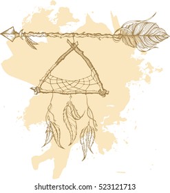 Ethnic arrows, dreamcacther, feathers. Boho style. Freedom concept.