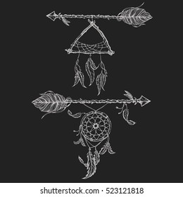Ethnic arrows, dreamcacther, feathers. Boho style. Freedom concept.