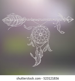 Ethnic arrows, dreamcacther, feathers. Boho style. Freedom concept.