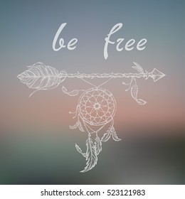 Ethnic arrows, dreamcacther, feathers. Boho style. Freedom concept.