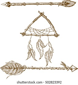 Ethnic arrows and dreamcatcher set, feathers. Boho style. Freedom concept.