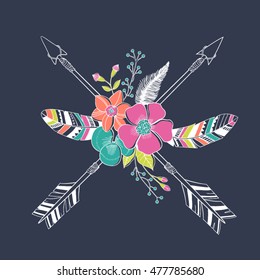 Ethnic arrows, feathers and flowers. American indian motifs. Boho style. Freedom concept.