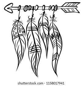 Ethnic arrows, feathers isolated on white. Boho style. Vector illustration.