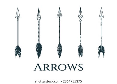 Arcos étnicos con plumas aisladas. Diseñar elementos en estilo boho para afiches, tatuajes, etiquetas y signos. Ilustración vectorial dibujada a mano.