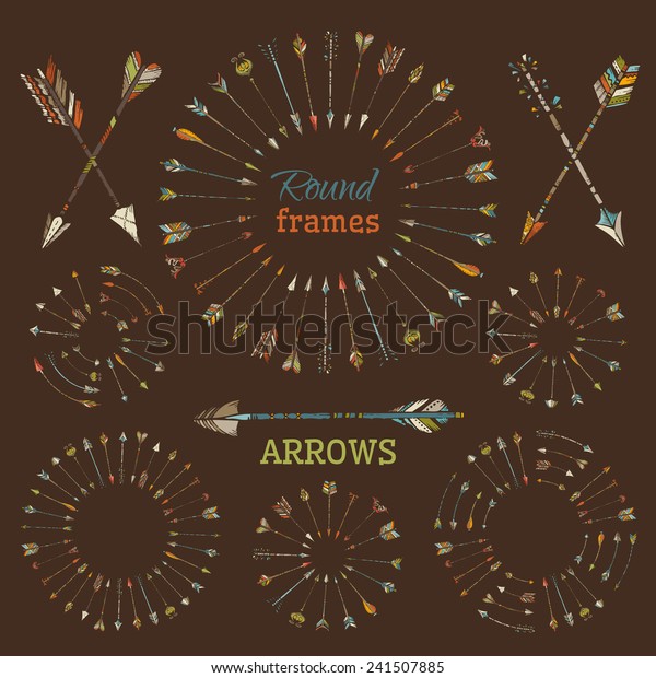Ethnic arrows,\
round frames and page dividers. Design elements on brown\
background. There is place for your\
text.