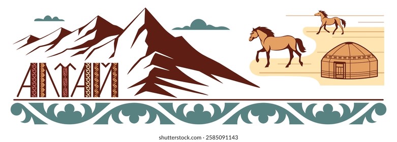 Ethnic art, Altai inscription, traditions and patterns of Central Asia, yurt and horses, vector design