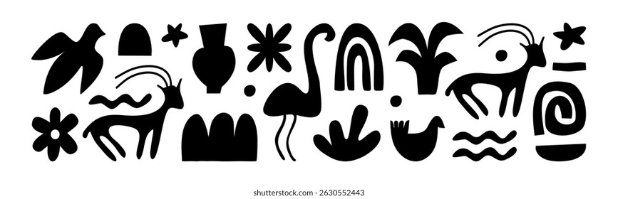 Ethnic art elements for creating an ornament. African motifs. Abstract objects, animals, plants. Vector design.