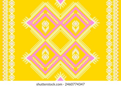 Ethnic art fabric design Continuing the local fabric pattern Ethnic, geometric and floral design used for weaving, carpet, wallpaper, yellow, clothing, fabric, embroidery illustration, geometric.