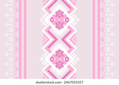 Ethnic art fabric design Continuing the local fabric pattern Ethnic design, white flower, geometric, used for weaving carpets, wallpaper, pink clothes, embroidery, illustrations, cards, scrapbooks.