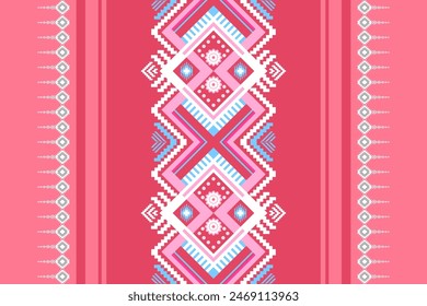 Ethnic art fabric design Continuing the local fabric pattern Ethnic design, white flower, geometric, used for weaving carpets, wallpaper, pink clothes, embroidery, illustrations, cards, scrapbooks