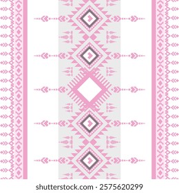 Ethnic art fabric design Continuing the local fabric pattern Ethnic design, white flower, geometric, used for weaving carpets, wallpaper, pink clothes, embroidery, illustrations, cards, scrapbooks.