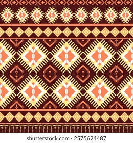 Ethnic art fabric design Continuing the local fabric pattern Ethnic design, white flower, geometric, used for weaving carpets, wallpaper, brown  clothes, embroidery, illustrations, cards, scrapbooks.