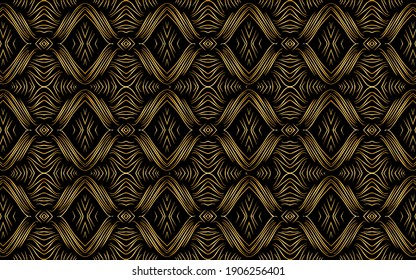 Ethnic art gold geometric shapes pattern for wallpaper. Abstract original texture on black background.Vector graphics for design and decoration.