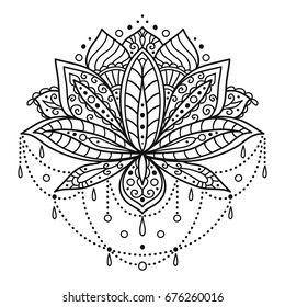 Ethnic art, the ornamental lotus flower. Hand drawn element, patterned Indian paisley.