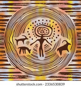 Ethnic art, petroglyphs and cave paintings, rough texture, seamless pattern