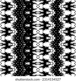 Ethnische Kunstschrift Vektorgrafik. Schwarzes, dunkles Doodle-Muster. Doodle Line Ink Batik. Einfaches geometrisches Muster. Black Color Tribal Tinte Batik. Abstraktes Striptink-Muster. Nahtloser dunkler Vektor