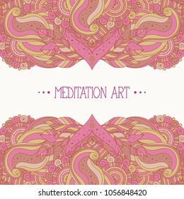 Ethnic asian boho abstract pattern, pink and brown colored, vector art, can be used for greeting card, invitation, book cover.