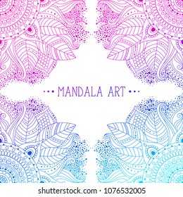 Ethnic asian patterns, frame with floral mandalas pink and blue colored, vector art, can be used for greeting card, invitation, book cover.