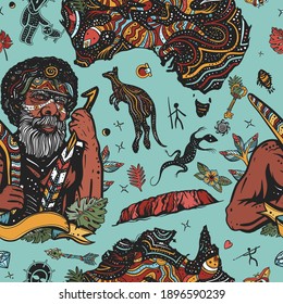 Ethnic Australian Aboriginal Tribes Bushmen. Boomerang, Rock Painting, Kangaroo, Map. Old School Tattoo Vector Background. Australia Seamless Pattern 