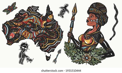 Ethnic Australian woman in traditional costume and map. Australia. Old school tattoo vector collection. Aboriginal tribes.Tradition, people, culture 