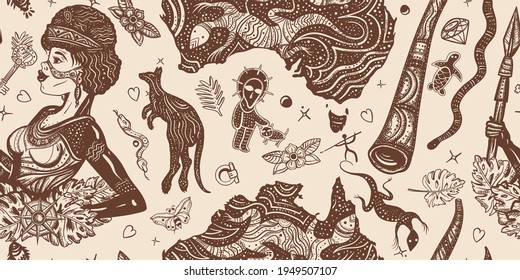 Ethnic Australian woman in traditional costume. Aboriginal tribes bushmen. Australia seamless pattern. Boomerang, rock painting, kangaroo, didgeridoo, map. Old school tattoo vector graphics 