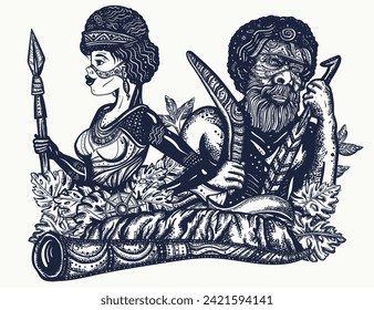 Ethnic Australian woman in traditional costume. Aboriginal tribes bushmen. Australia art concept. Boomerang, didgeridoo. Tradition, people, culture. Tattoo and t-shirt design