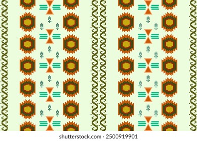 Ethnic Aztec abstract geometric boho traditional seamless on damask, pastel background pattern. Native decorative Ikat textile design for fabric, clothing, embroidery, ornament, texture, wallpaper
