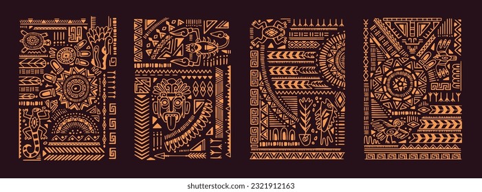 Ethnic Aztec cards, backgrounds set. Ancient Mexican tribal symbols, elements, lines, abstract patterns, navajo ornaments. Hand-drawn interior posters, wall art. Flat graphic vector illustrations