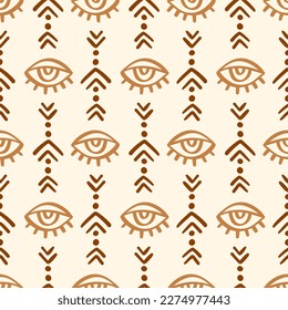 Ethnic Aztec Eyes Boho Seamless Pattern with evil eye symbols. Minimal background. Native American motifs repeat texture. Vector illustration in retro style