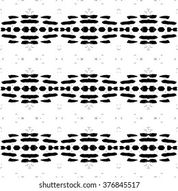 Ethnic Aztec pattern. Striped hand painted aztec vector seamless pattern with ethnic and tribal motifs, zigzag lines, brushstrokes and splatters of paint black and white colors Vector illustration.