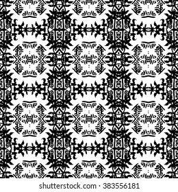 Ethnic Aztec pattern. Striped hand painted aztec vector seamless pattern with ethnic and tribal motifs, zigzag lines, brushstrokes and splatters of paint black and white colors Vector illustration.