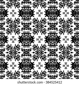 Ethnic Aztec pattern. Striped hand painted aztec vector seamless pattern with ethnic and tribal motifs, zigzag lines, brushstrokes and splatters of paint black and white colors Vector illustration.